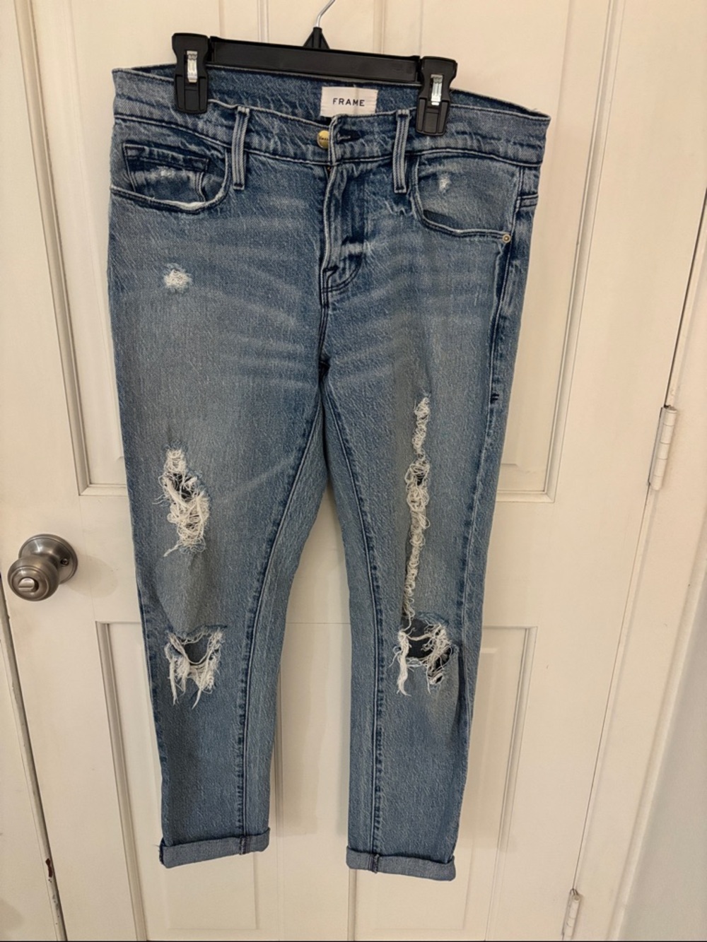 Frame Denim Distressed Boyfriend Jeans in Light Blue Wash